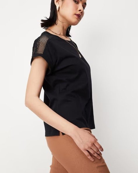 473Wx593H-465831428-black-MODEL.jpg Lace Panelled Round-Neck Top - Image 1